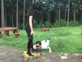 エナメルブーツで飼い犬選びを楽しむ美人お嬢さま